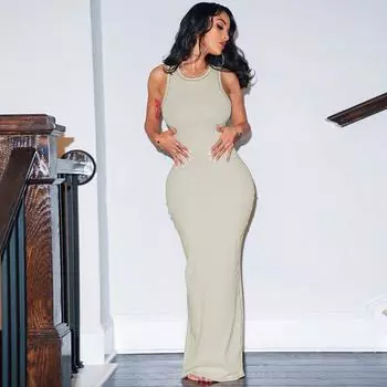 2024 Летние платья с открытой спиной и рыбьим хвостом для женщин, сексуальное серое длинное платье на тонких бретельках Y2k, без рукавов, однотонный облегающий халат, Vestidos L слоновая кость