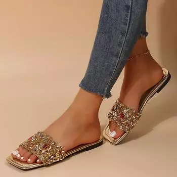 2024 Летние плоские золотистые тапочки для женщин Удобная обувь для ходьбы Повседневные пляжные шлепанцы Босоножки с открытым носком Туфли с ремешком на пятке Платье Mujer 36 золотой