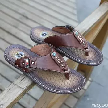 2024 летние пляжные мужские шлепанцы из искусственной кожи, тапочки, мужские сандалии на плоской подошве, уличные резиновые пляжные туфли из натуральной кожи, новые 38 коричневый