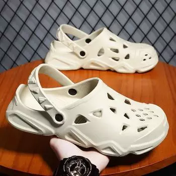 2024 летние пляжные новые туфли с отверстиями мужские персонализированные тапочки на платформе две пары больших размеров повседневные сандалии с отверстиями 40-41 чёрный