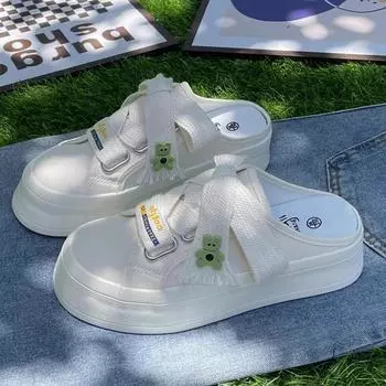 2024 Летние полутапочки Женские парусиновые туфли Женские ретро низкие балетки Дышащие ленивые мокасины Прогулочная обувь на платформе для женщин 35 бежевый