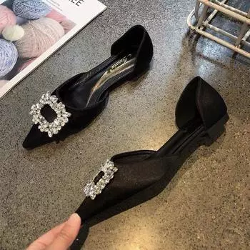 2024 летние популярные туфли со стразами и квадратной пряжкой, женские, новые, знаменитые, темпераментные, модные, универсальные, с заостренным носком, с неглубоким горлом, на плоской подошве 34