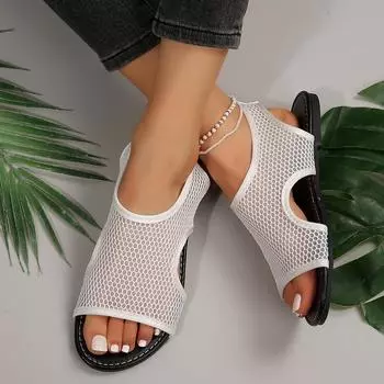 2024 Летние повседневные сандалии Fish Mouth с плоской подошвой, дышащая сетка, противоскользящие пляжные повседневные сандалии 37 чёрный