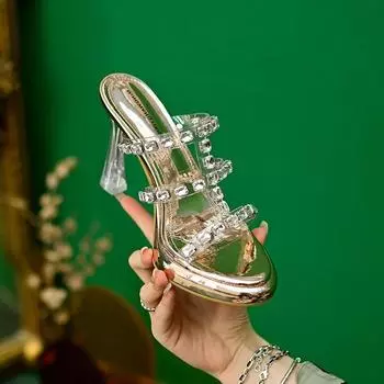 2024 Летние прозрачные туфли на каблуке с кристаллами, сексуальные туфли на платформе с круглым носком, туфли на высоком каблуке, открытые шлепанцы со стразами для вечеринок 34 золотой