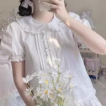 2024 летние рубашки Jk, женские кавайные рубашки с воротником Питера Пэна, японский стиль, Лолита, белая кружевная сетчатая блузка, студенческий топ, повседневная милая мода S бежевый