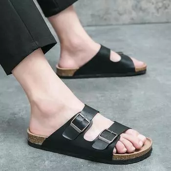 2024 летние сандалии мужские кожаные классические римские сандалии тапочки уличные кроссовки пляжные резиновые шлепанцы мужские водные походные сандалии 35 чёрный