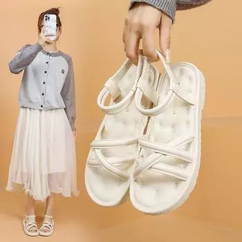2024 Летние сандалии на плоской мягкой подошве с открытым носком и пряжкой, пляжная обувь в стиле ретро для студентов в римском стиле 35