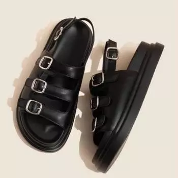 2024 летние сандалии на танкетке, модная пляжная обувь в стиле ретро, женская повседневная обувь с открытым носком, мягкие удобные сандалии De Mujer 38 чёрный