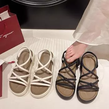 2024 Летние сандалии Обувь Новая мода Универсальные повседневные спортивные римские пляжные сандалии Платформа эластичная лента Slip on Sandalias Mujer 35 чёрный