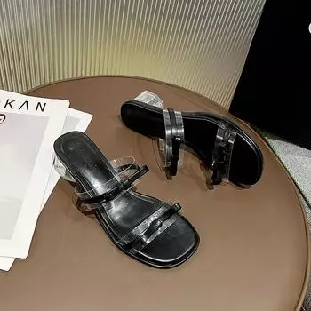 2024 Летние шлепанцы с открытым носком, женские тапочки, модные женские босоножки на толстом каблуке, пляжные шлепанцы, сексуальные туфли-лодочки 35 чёрный