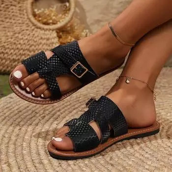 2024 летние тапочки для женщин, новые уличные туфли с открытым носком на плоской подошве, повседневные шлепанцы в стиле ретро для женщин, сандалии больших размеров для женщин 36 чёрный