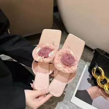 2024 Летние тапочки-камелии, нарядное летнее платье, мягкая кожа, новый стиль, кружевные цветочные сандалии, открытые тапочки для женщин 35 розовый