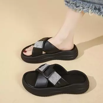 2024 Летние тапочки женские Новые модные универсальные туфли на толстой подошве со стразами женские тапочки на высоком каблуке женские 35 бежевый