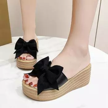 2024 летние тапочки женские новые товары бант на толстой подошве танкетка большого размера женские тапочки обувь 35 чёрный