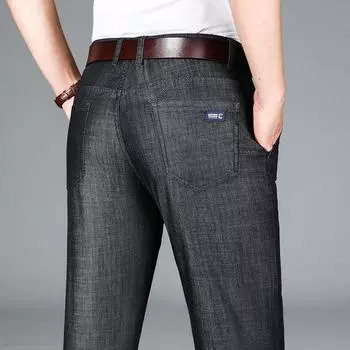 2024 Летние тонкие мягкие ледяные шелковые мужские брюки Tencel джинсы мужские ультратонкие свободные с высокой талией 28 светло-синий