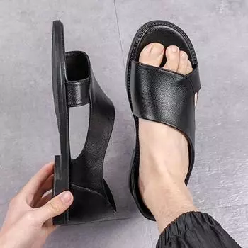 2024 летние трендовые индивидуальные вьетнамские тапочки, мужская уличная кожаная пляжная обувь, мужские кожаные сандалии 39 чёрный