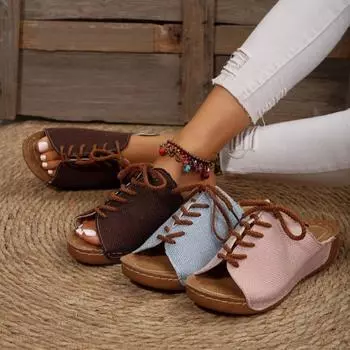 2024 Летние туфли на танкетке 2024 года Новые повседневные женские туфли на толстой подошве Гладиаторские босоножки на каблуке с открытым носком из льняной ткани Шлепанцы 36 коричневый