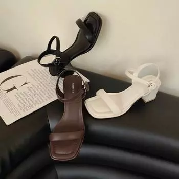 2024 Летние узкие женские сандалии на низком квадратном каблуке, элегантные женские сандалии для вечернего платья, повседневные шлепанцы для отдыха на природе 35 бежевый
