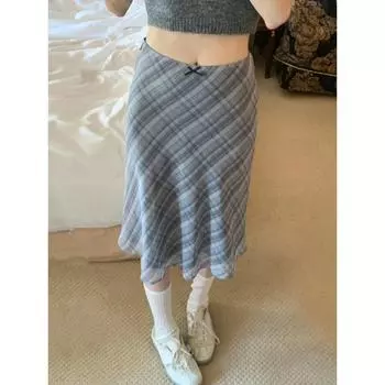 2024 летние винтажные юбки миди в клетку в полоску с принтом, женские милые свободные плиссированные женские юбки с высокой талией, женские юбки в корейском стиле S синий