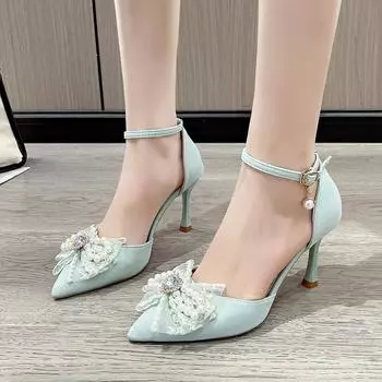 2024 Летние внешние сандалии женские с острым бантом и жемчугом в стиле феи, удобные туфли на высоком каблуке 34 бежевый