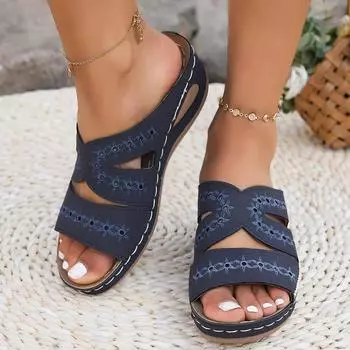 2024 Летние женские босоножки на танкетке Женские ортопедические босоножки с открытым носком Премиум-класса Винтажные кожаные повседневные туфли на платформе Ретро Фиолетовые женские туфли 36 синий