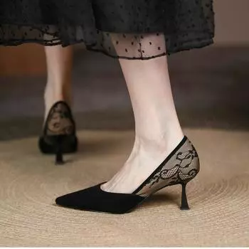 2024 летние женские босоножки на высоком каблуке с острым носком, пикантные кружевные женские туфли, модные женские туфли-лодочки на тонком каблуке для вечеринки и свадьбы 39 чёрный