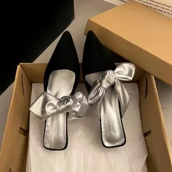 2024 Летние женские босоножки с острым носком на высоком каблуке с бантом и цветочным принтом, женские туфли с открытой пяткой, женские тапочки 35 бежевый