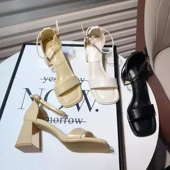 2024 Летние женские босоножки с открытым носком, модные узкие элегантные туфли-гладиаторы с квадратным каблуком и высоким каблуком для вечернего платья 37 жёлтый