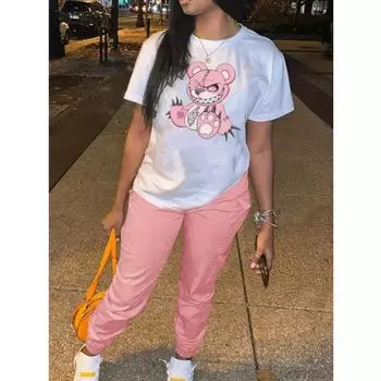 2024 Летние женские футболки Harajuku Printing с короткими рукавами из хлопка розового цвета, свободные повседневные топы, модные футболки с круглым вырезом и мультяшным принтом S