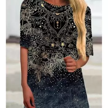 2024 Летние женские футболки с абстрактным принтом, свитер с круглым вырезом, топы с 3D-национальным принтом, свободные женские футболки S