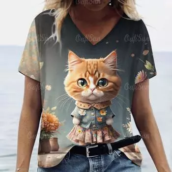 2024 летние женские футболки с v-образным вырезом, балетные, повседневные пуловеры с милым кошачьим принтом, свободные футболки больших размеров с короткими рукавами, женская одежда XL