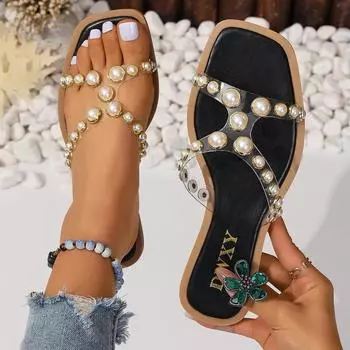 2024 Летние женские модные пляжные сандалии на плоской подошве Женские тапочки Шлепанцы с бантом и жемчугом Шлепанцы Женские шлепанцы в римском стиле Обувь 35 белый