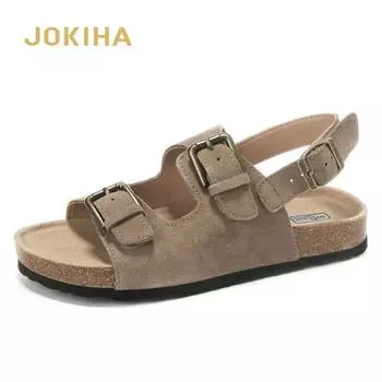 2024 Летние женские сандалии из коровьей замши, пробковые сандалии, женские, с двумя пряжками, пляжные сандалии для девочек в стиле ретро, высокое качество 36 коричневый