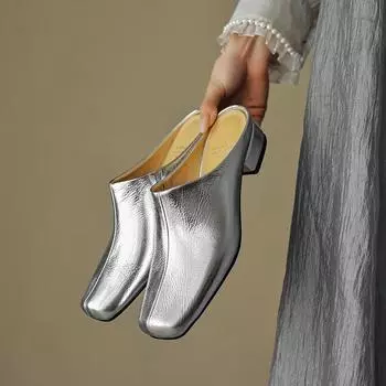 2024 Летние женские сандалии из натуральной кожи для женщин, женские сандалии с квадратным носком и низким каблуком, женские мюли с закрытым носком и толстым каблуком 34 чёрный