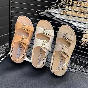 2024 Летние женские сандалии из пробки с двумя пряжками из коровьей замши, сандалии на плоской подошве для женщин, модные садовые туфли-мюли в стиле ретро 35 абрикосовый