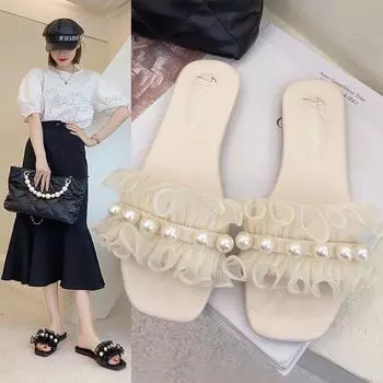 2024 Летние женские сандалии, тапочки, белая кружевная сетка, жемчуг и стразы, домашняя обувь, тапочки для отпуска, пляжная обувь 35 бежевый