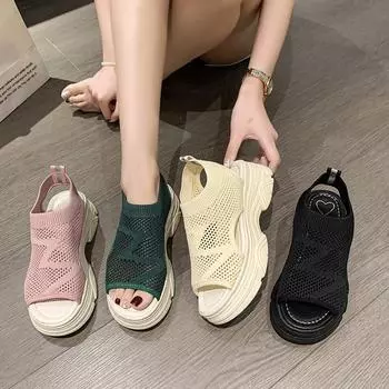 2024 Летние женские сетчатые босоножки на танкетке с открытым носком, эластичные ортопедические туфли без застежек на платформе, женская повседневная обувь с ремешком сзади 35 бежевый