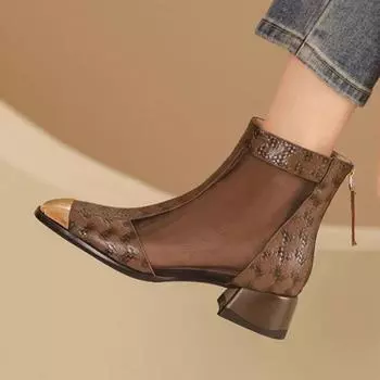 2024 Летние женские сетчатые сапоги из натуральной кожи Босоножки из овчины с молнией сзади и металлическим носком Женские сандалии Дизайнерские сандалии 35 хаки