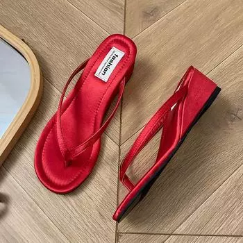 2024 Летние женские шлепанцы на высоком каблуке для сада Модные элегантные простые сабо на толстой подошве Удобная пляжная повседневная обувь 35 красный