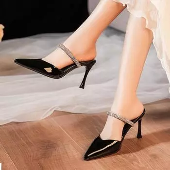 2024 Летние женские тапочки, хит продаж, украшение из стразов, модные французские тапочки с острым носком, женские туфли на высоком каблуке 35 чёрный