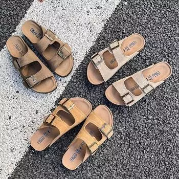 2024 Летние женские тапочки из пробки с двумя пряжками, сандалии из коровьей замши на плоской подошве для женщин, модные ретро-садовые сандалии-мулы 36 абрикосовый