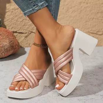 2024 Летние женские тапочки на платформе и толстом каблуке, ретро-туфли без застежек с квадратным носком для женщин, женские уличные тапочки на высоком каблуке 36 серебряный