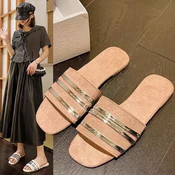 2024 летние женские тапочки на плоской подошве, нескользящие уличные пляжные женские сандалии с открытым носком, пикантные модные дизайнерские шлепанцы, женская обувь 35 бежевый