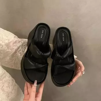 2024 Летние женские тапочки на толстой подошве с бантом-бабочкой, на платформе, на танкетке, женские повседневные туфли для отдыха на открытом воздухе, на пляже 35 чёрный