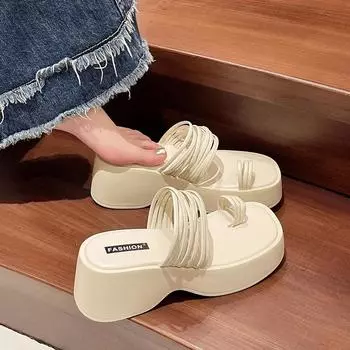 2024 Летние женские тапочки на толстом каблуке 2024 Элегантные шлепанцы на платформе с застежкой-молнией, женские повседневные пляжные сандалии для отдыха на открытом воздухе 35 бежевый