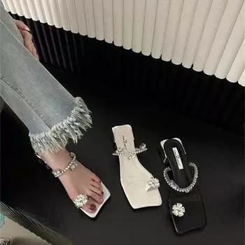 2024 Летние женские тапочки с кристаллами, модные элегантные шлепанцы с застежкой-молнией, женские уличные сандалии на низком толстом каблуке, шлепанцы 35 чёрный