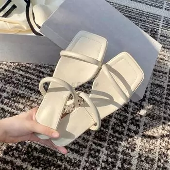 2024 Летние женские тапочки с квадратным носком, модные элегантные узкие сланцы, женские уличные платья, сандалии на высоком каблуке 34 бежевый