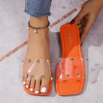2024 Летние женские тапочки с квадратным носком и заклепками, женские сандалии на плоской подошве, пляжные шлепанцы с металлическими украшениями, повседневная обувь, размер плюс 43 36 белый