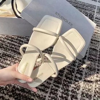 2024 Летние женские тапочки с квадратным носком, модные элегантные узкие сланцы, женские туфли для улицы, сандалии на высоком каблуке, женские туфли 34 бежевый