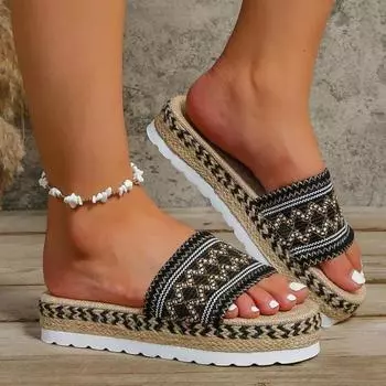 2024 Летние женские тапочки, уличные сандалии, богемный этнический стиль, эспадрильи ручной работы, тапочки на платформе, шлепанцы, женская обувь 36